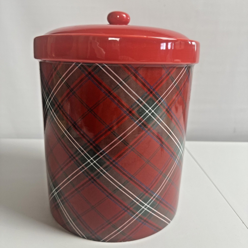 Williams Sonoma Tartan Plaid Cookie Jar Christmas Red Ceramic Holiday Rare